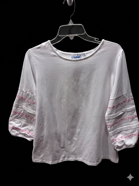 national Tops - White Blouse with Pink Embroidered Sleeves by